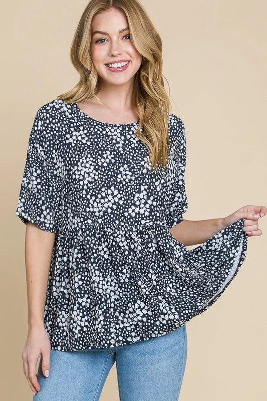 BOMBOM Floral Round Neck Peplum Blouse - Lilixa.store
