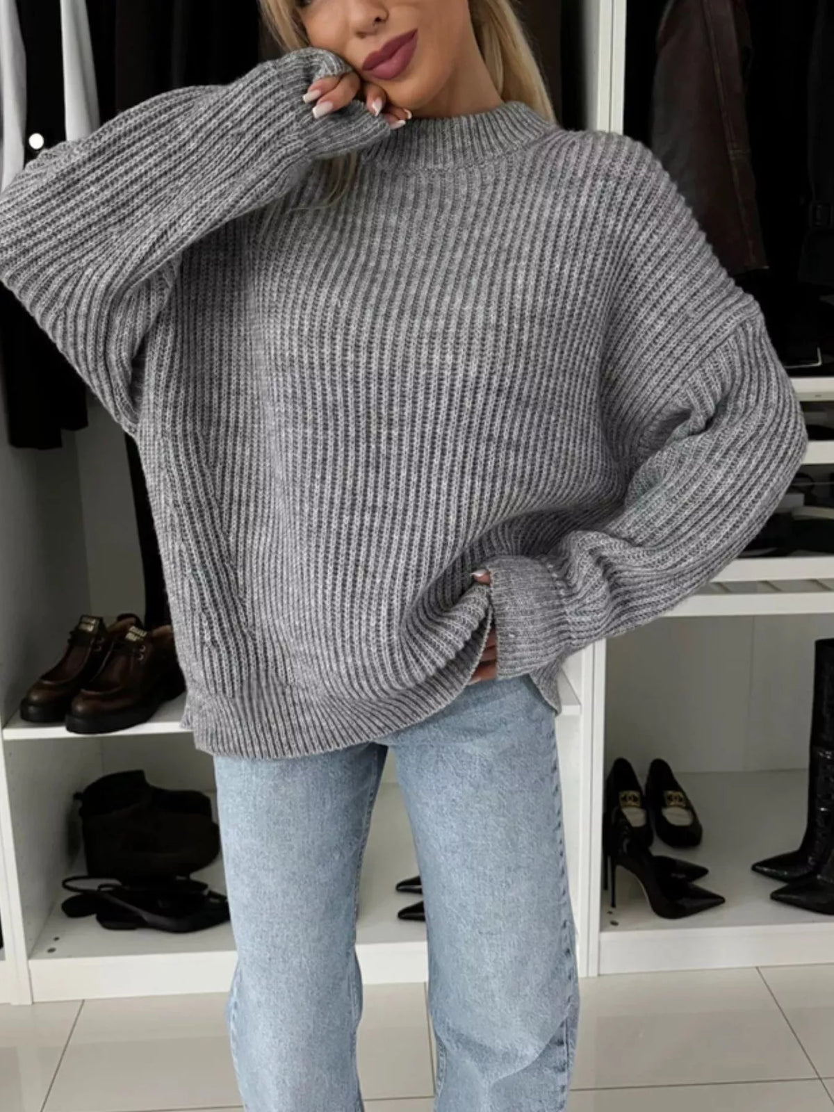 Ribbed Knit Crew Neck Sweater - Lilixa.store