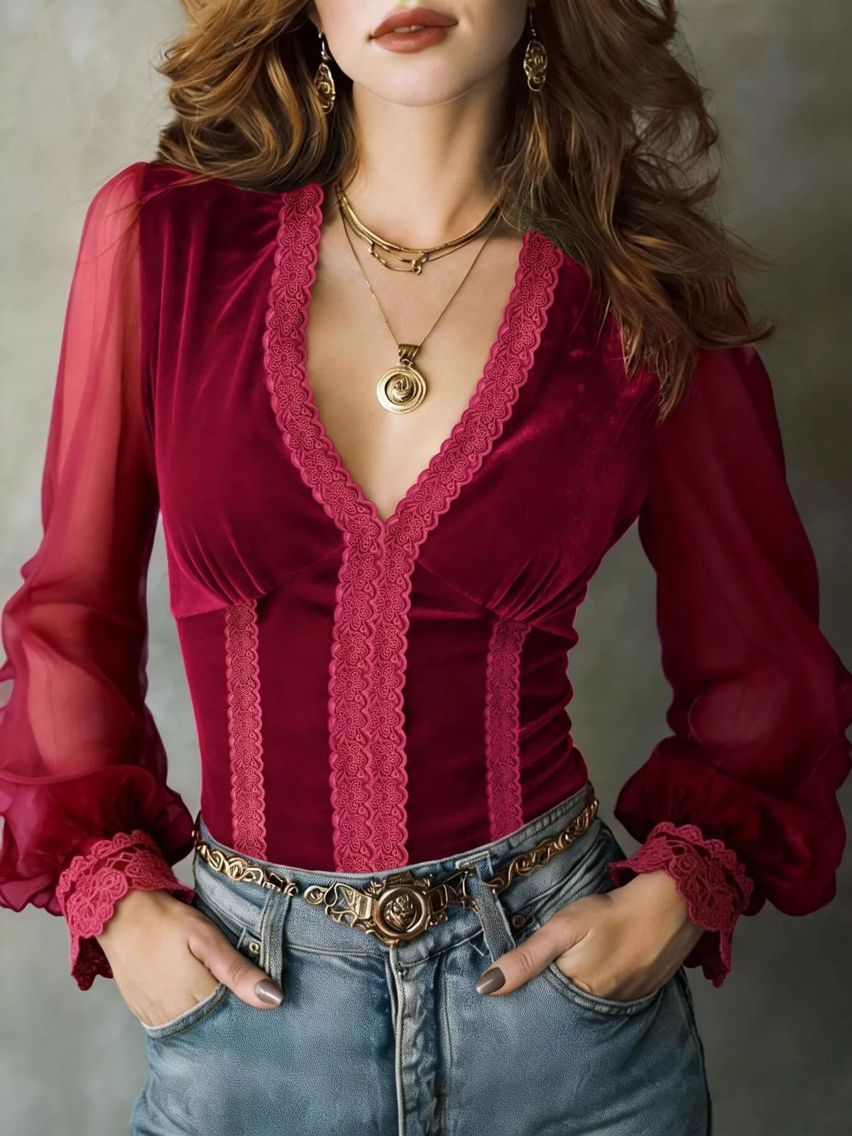 Lace Trim Sheer Long Sleeve Blouse - Lilixa.store