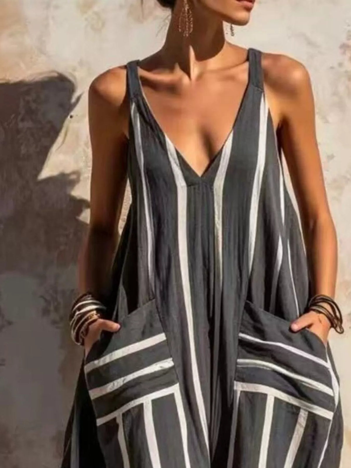 Striped V-Neck Sleeveless Wide-Leg Jumpsuit - Lilixa.store