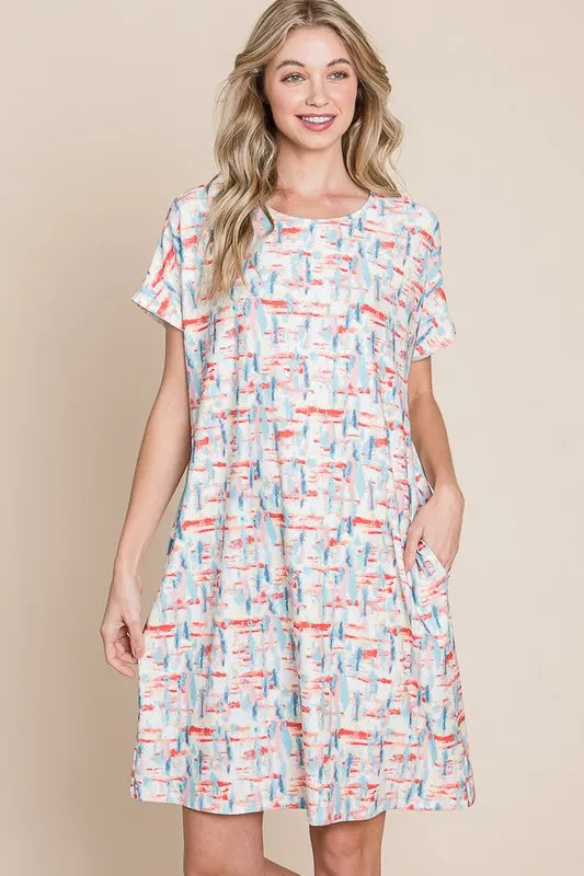 BOMBOM Printed Round Neck Short Sleeve Tee Dress - Lilixa.store