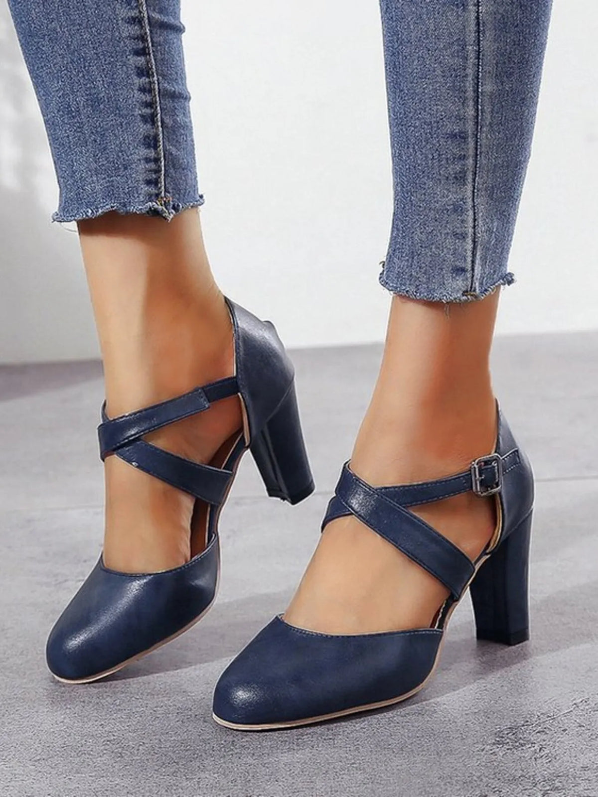 Cross-Strap Block Heel Pumps - Lilixa.store