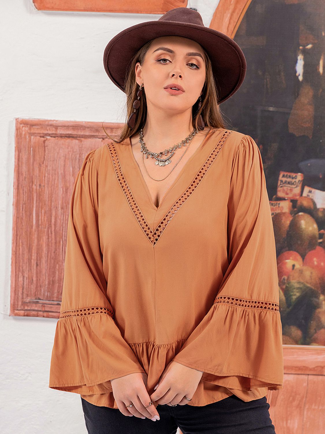 Plus Size V-Neck Peplum Blouse in Caramel