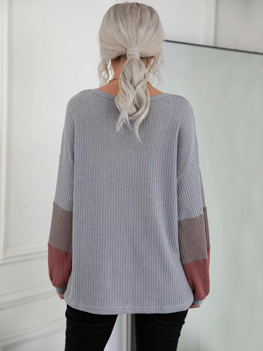 V-Neck Waffle Knit Long Sleeve T-Shirt - Lilixa.store