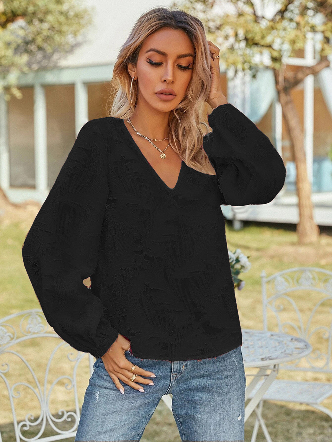 V-Neck Long Sleeve Blouse, view 7
