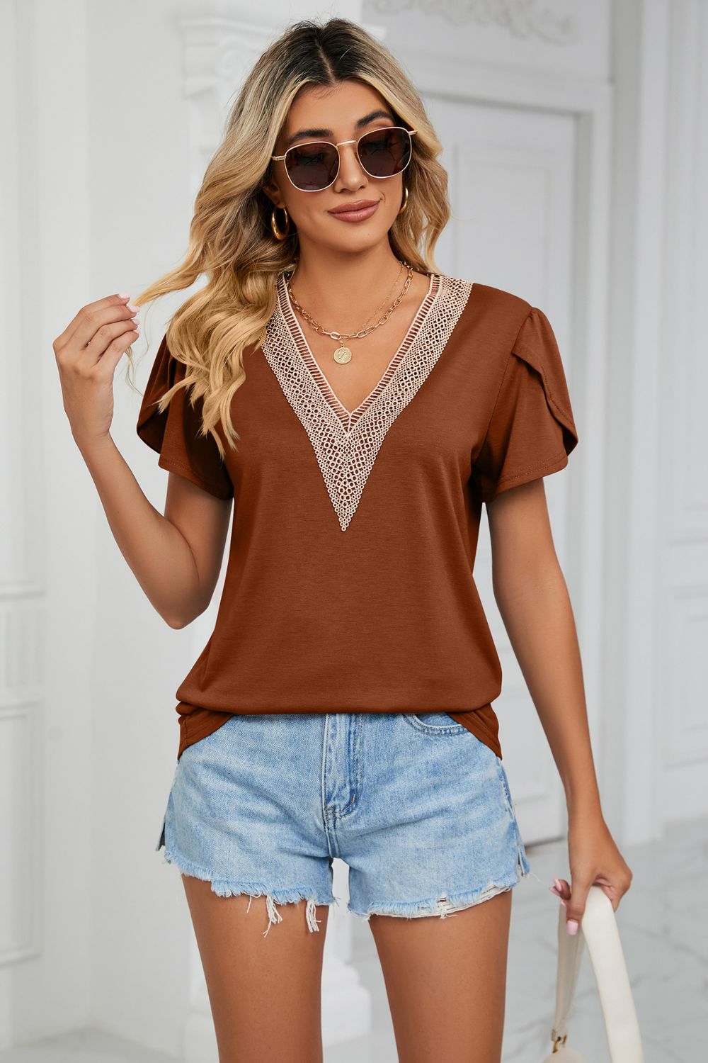 Contrast Trim Petal Sleeve V-Neck Top in Brown