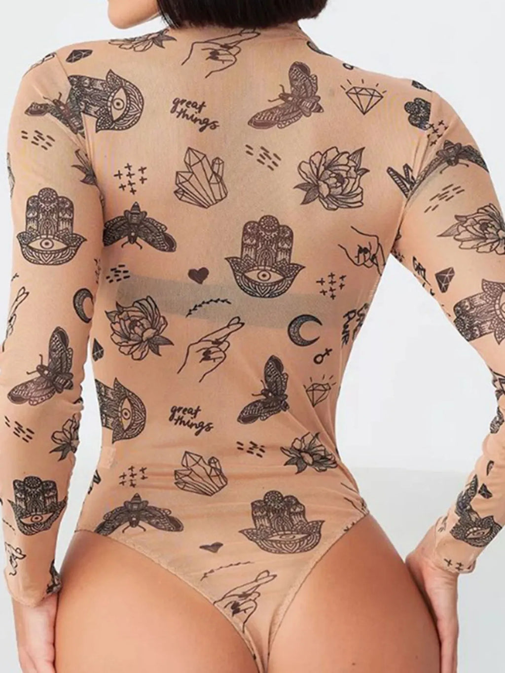Printed Mock Neck Long Sleeve Bodysuit - Lilixa.store