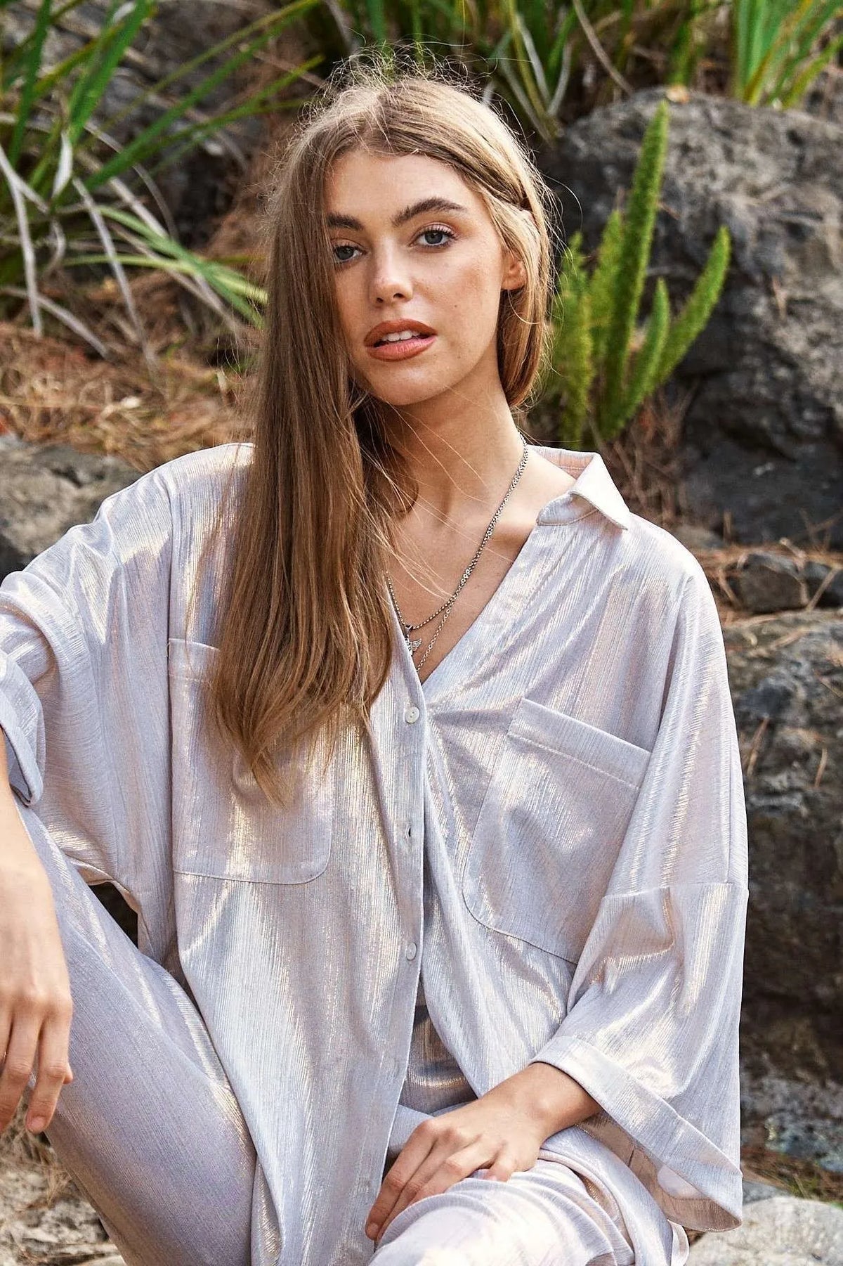 Davi & Dani Solid Sparkling Shimmer Pocket Button Front Shirt - Lilixa.store