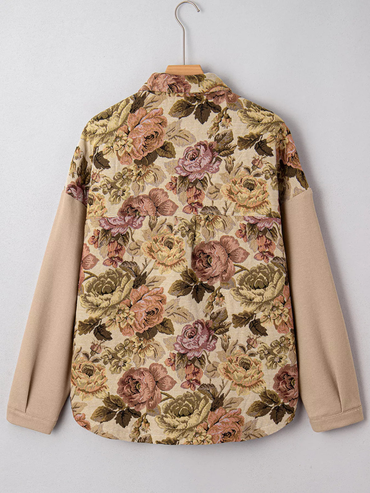 Floral Waffle Knit Patchwork Chest Pockets Buttoned Jacket in Tan, view 7