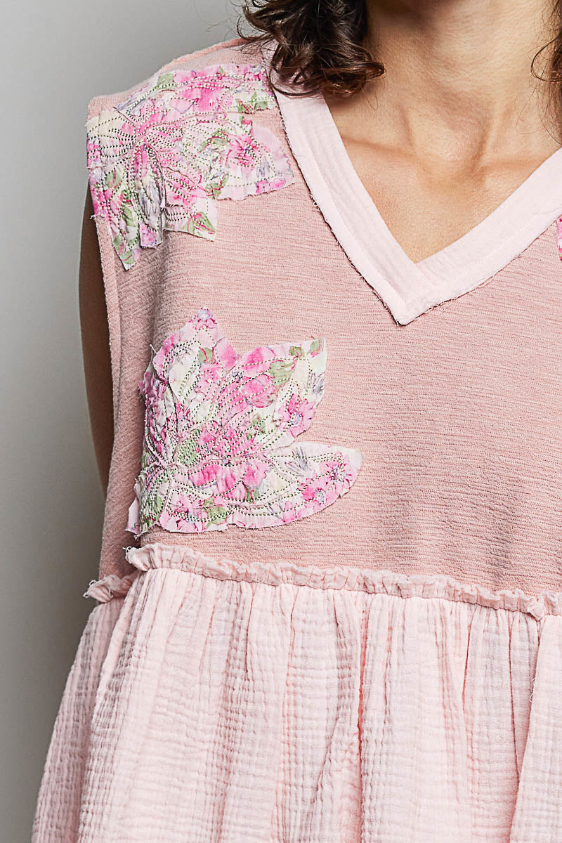 POL Floral Patch Ruffled Sleeveless Top with Raw Edge Detail in Powder Pink, view 6