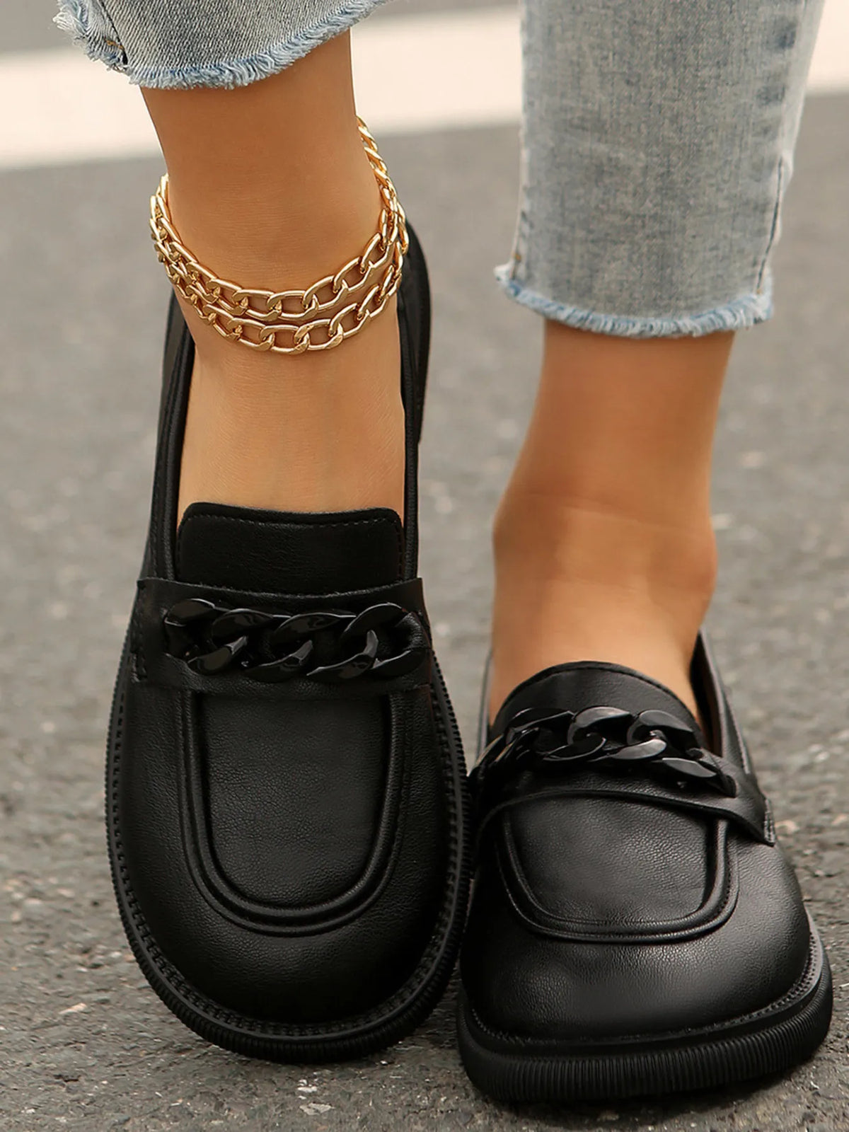 Chain Detail Leather Loafers in Black, view 2