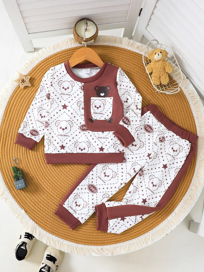 Children's Bear Print Long Sleeve Sweatshirt and Pants Set in Dark Brown
