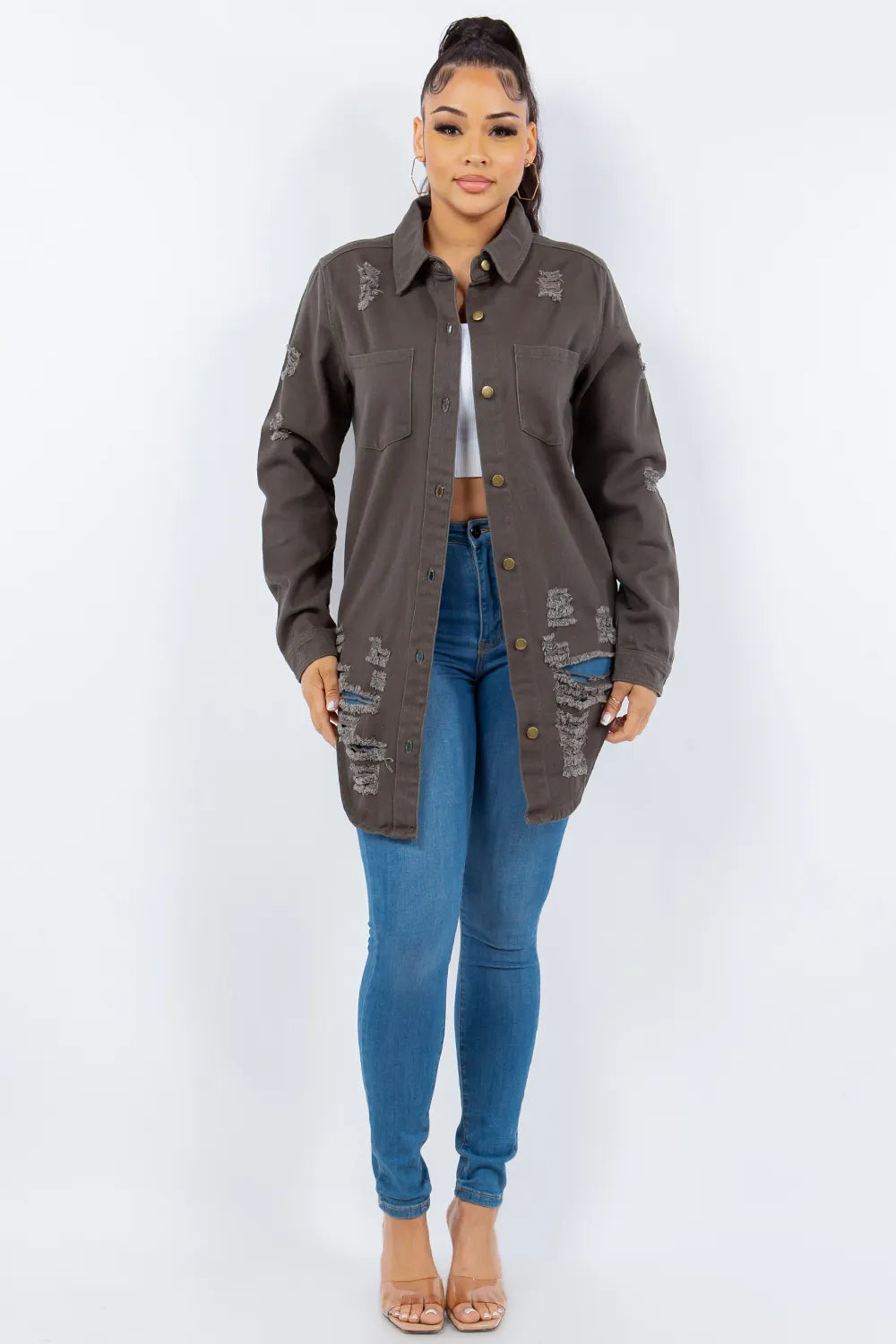 American Bazi Distressed Button Up Long Sleeve Denim Jacket - Lilixa.store