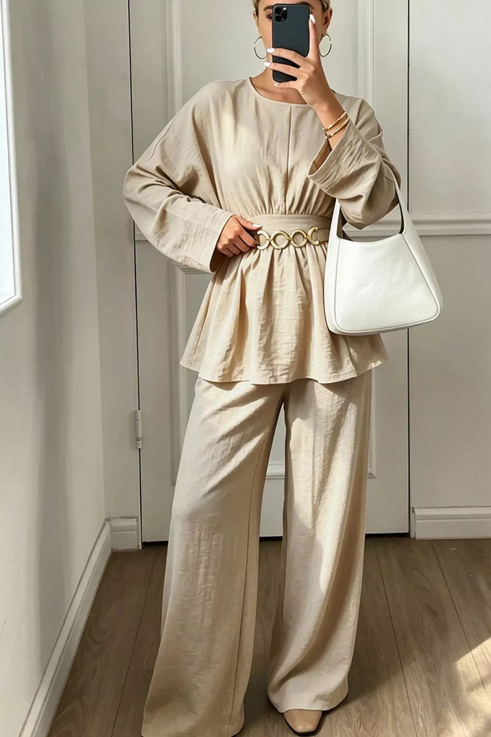 Metal Chain Waist Detail Top and Pants Set - Lilixa.store