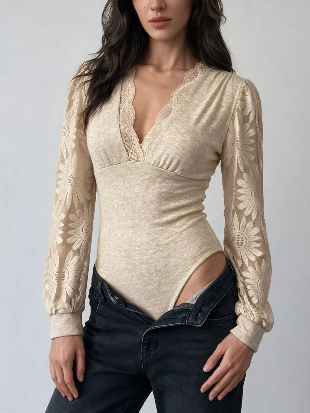 V-Neck Lace Trim Floral Mesh Sleeve Bodysuit - Lilixa.store