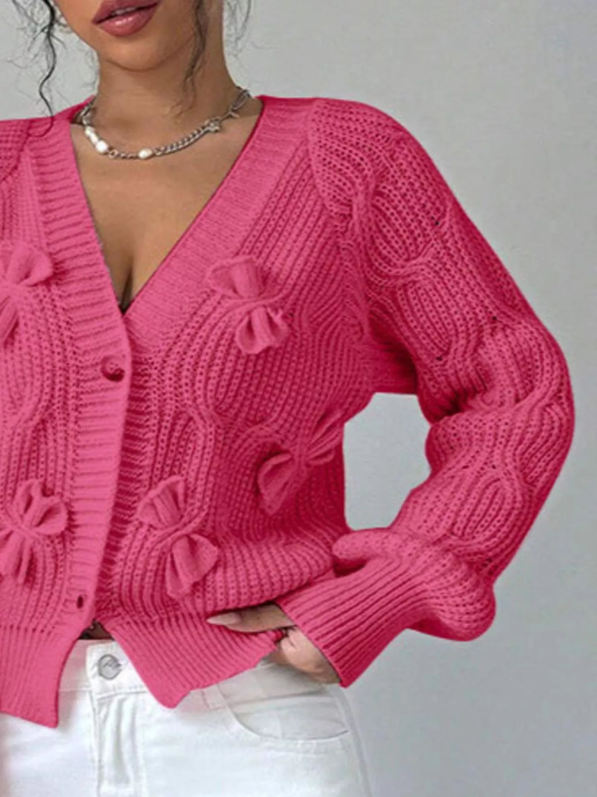 Bow Cable Knit V-Neck Cardigan - Lilixa.store