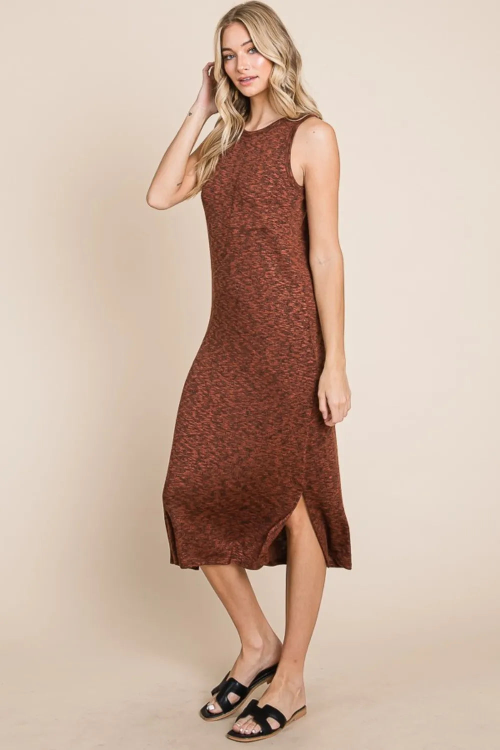 BOMBOM Slit Round Neck Sleeveless Midi Dress - Lilixa.store