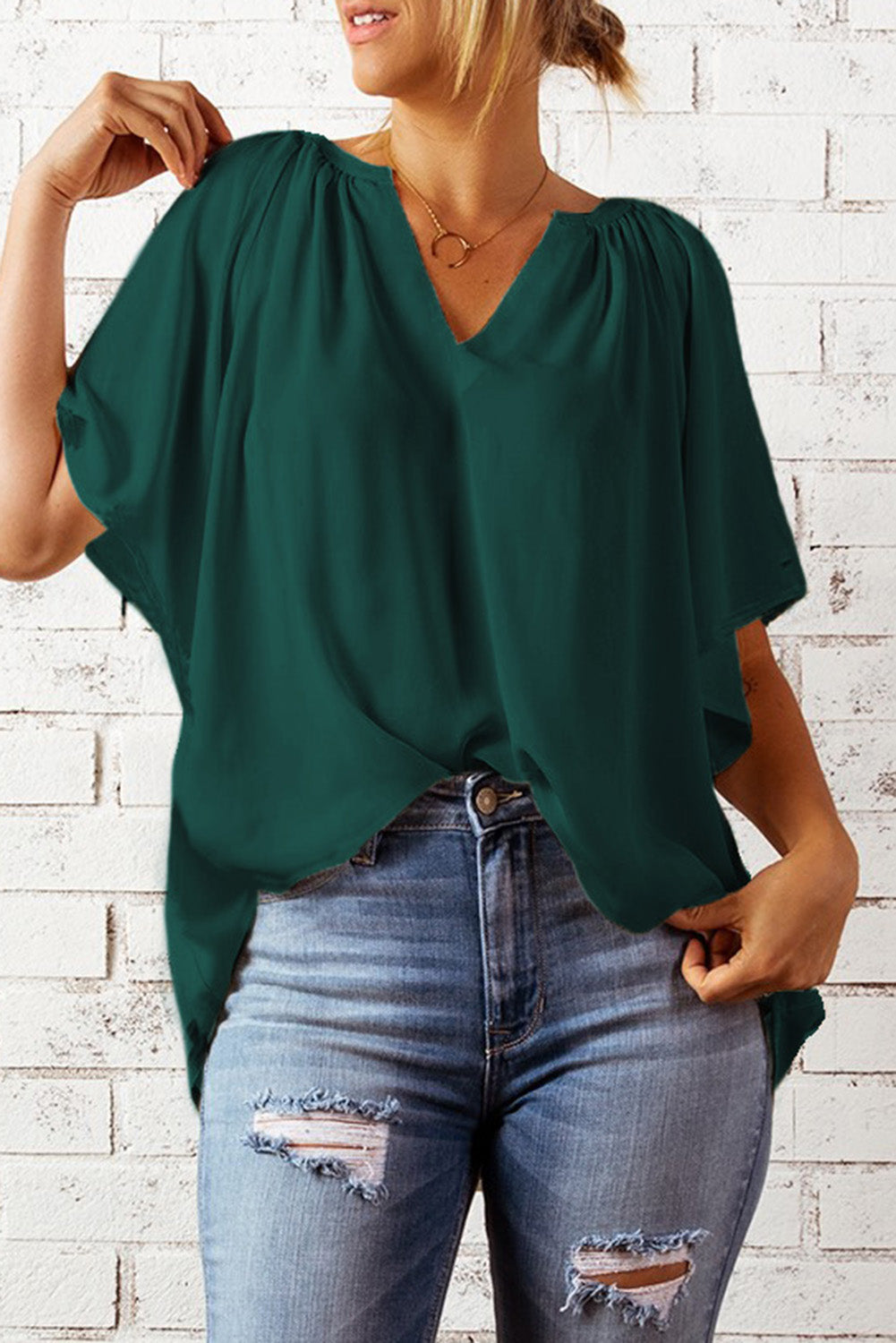 Gathered Detail Notched Neck Flutter Sleeve Top - Lilixa.store