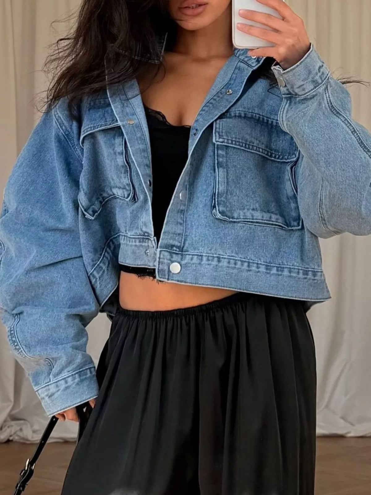 Oversized Utility Cropped Denim Jacket, view 2