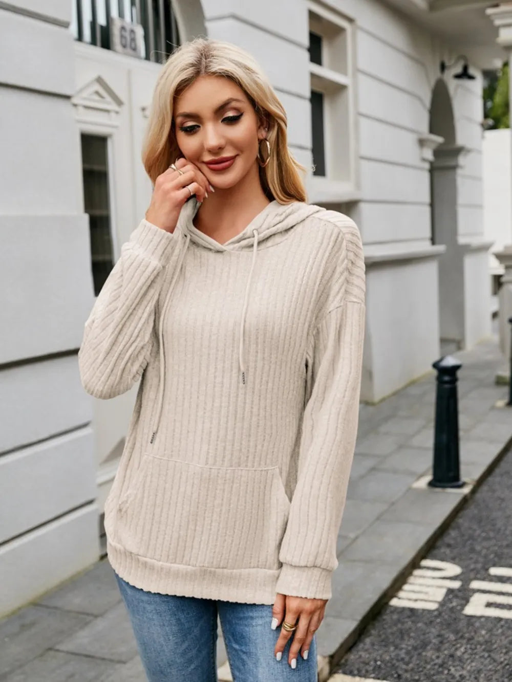 Ribbed Drawstring Long Sleeve Hoodie - Lilixa.store