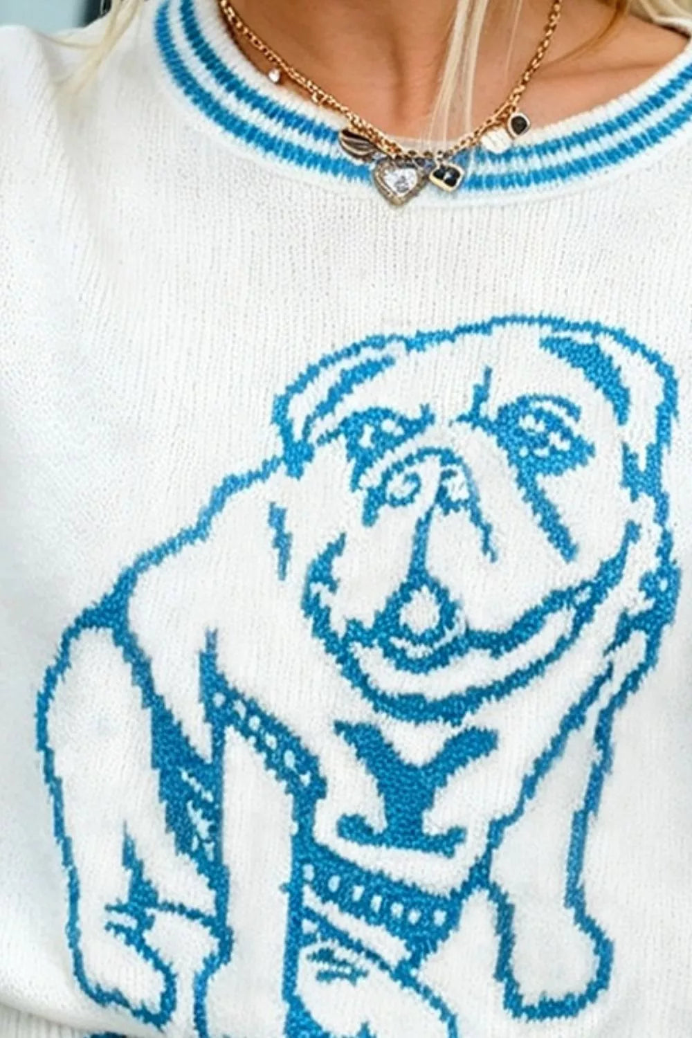 Bulldog Graphic Striped Trim Sweater - Lilixa.store
