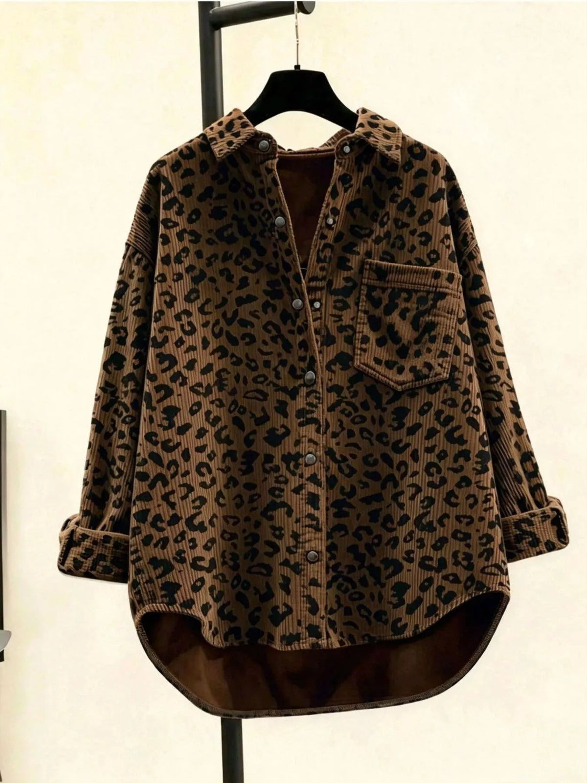 Oversized Leopard Corduroy Button-Down Shirt - Lilixa.store