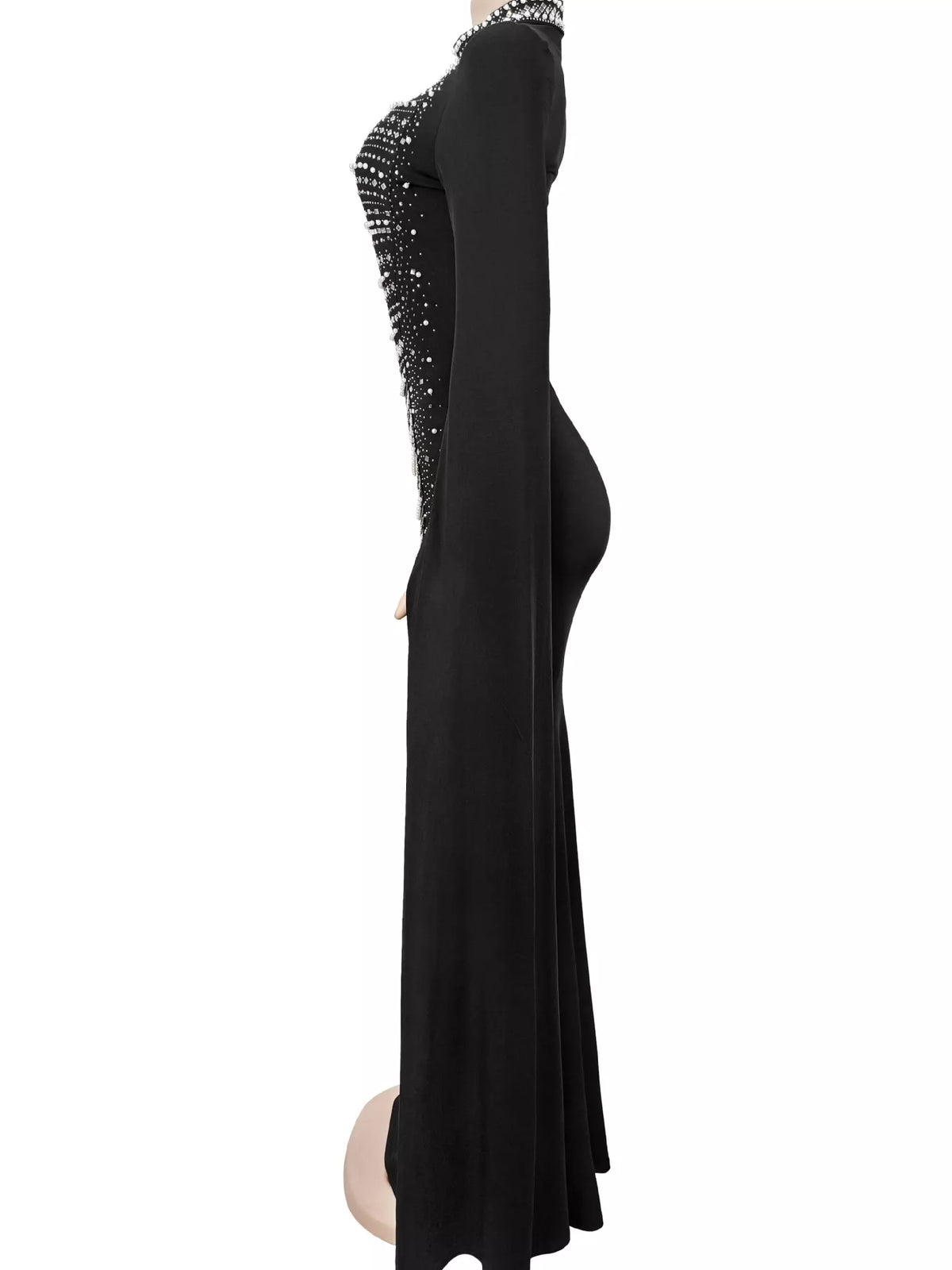 Rhinestone Slit Flare Sleeve Cape Maxi Dress - Lilixa.store