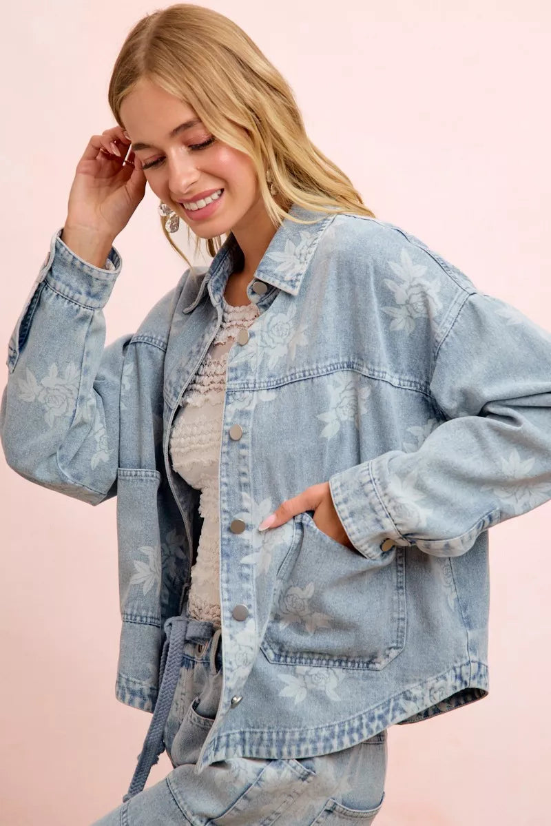 BiBi Printed Washed Denim Jacket With Pocket, view 7