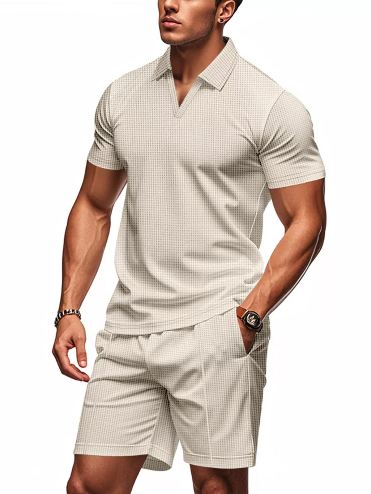 Men's Full Size Textured Short Sleeve Polo and Shorts Set Plus Size - Lilixa.store
