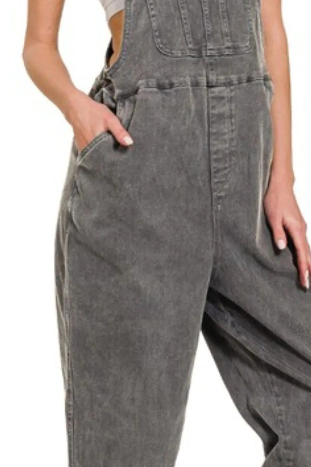 Zenana Washed Knot Strap Relaxed Fit Overalls in Ash Black, view 3