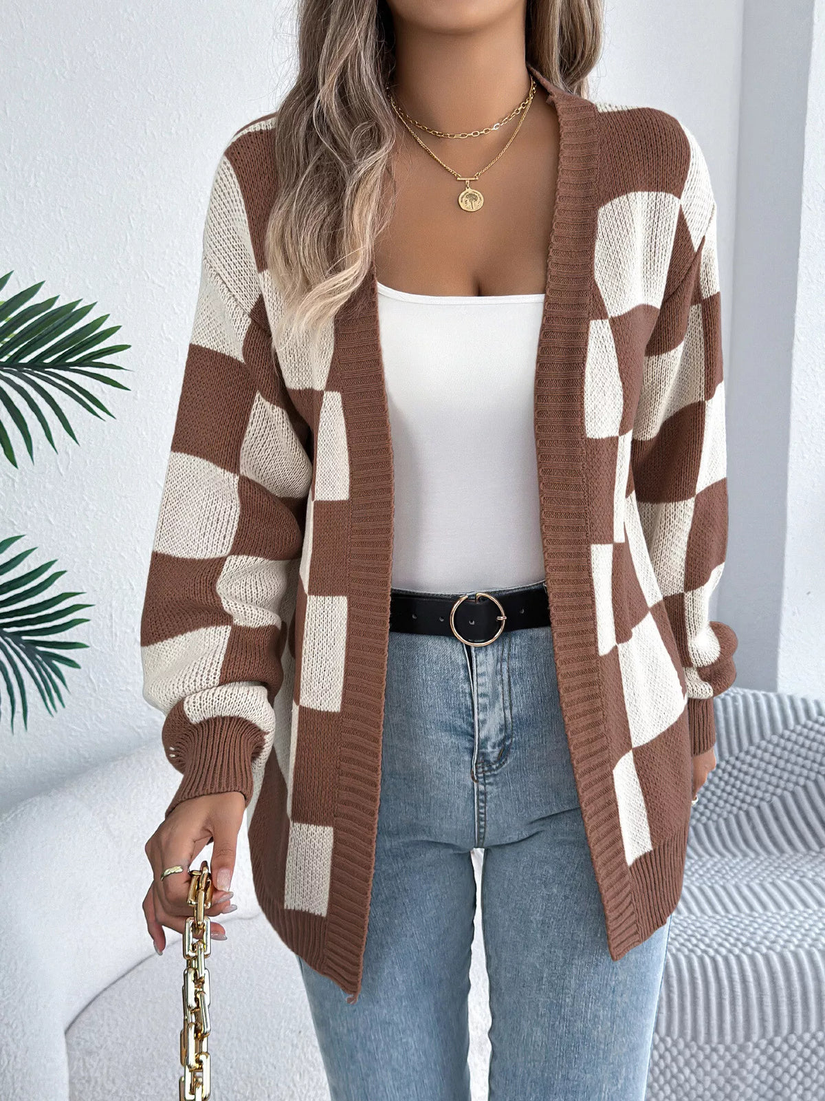 Checkerboard Pattern Open Front Knit Cardigan - Lilixa.store