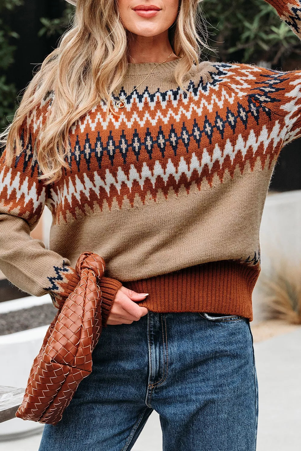 Geometric Pattern Long Sleeve Sweater - Lilixa.store