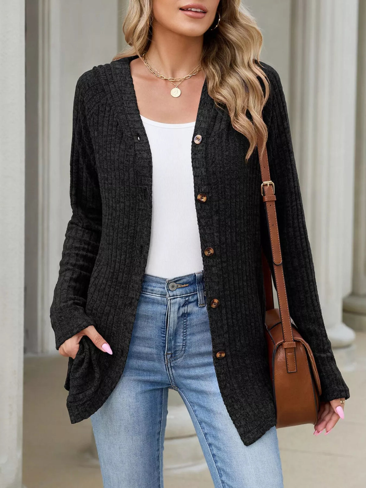 Ribbed Knit Hooded Button-Down Cardigan - Lilixa.store