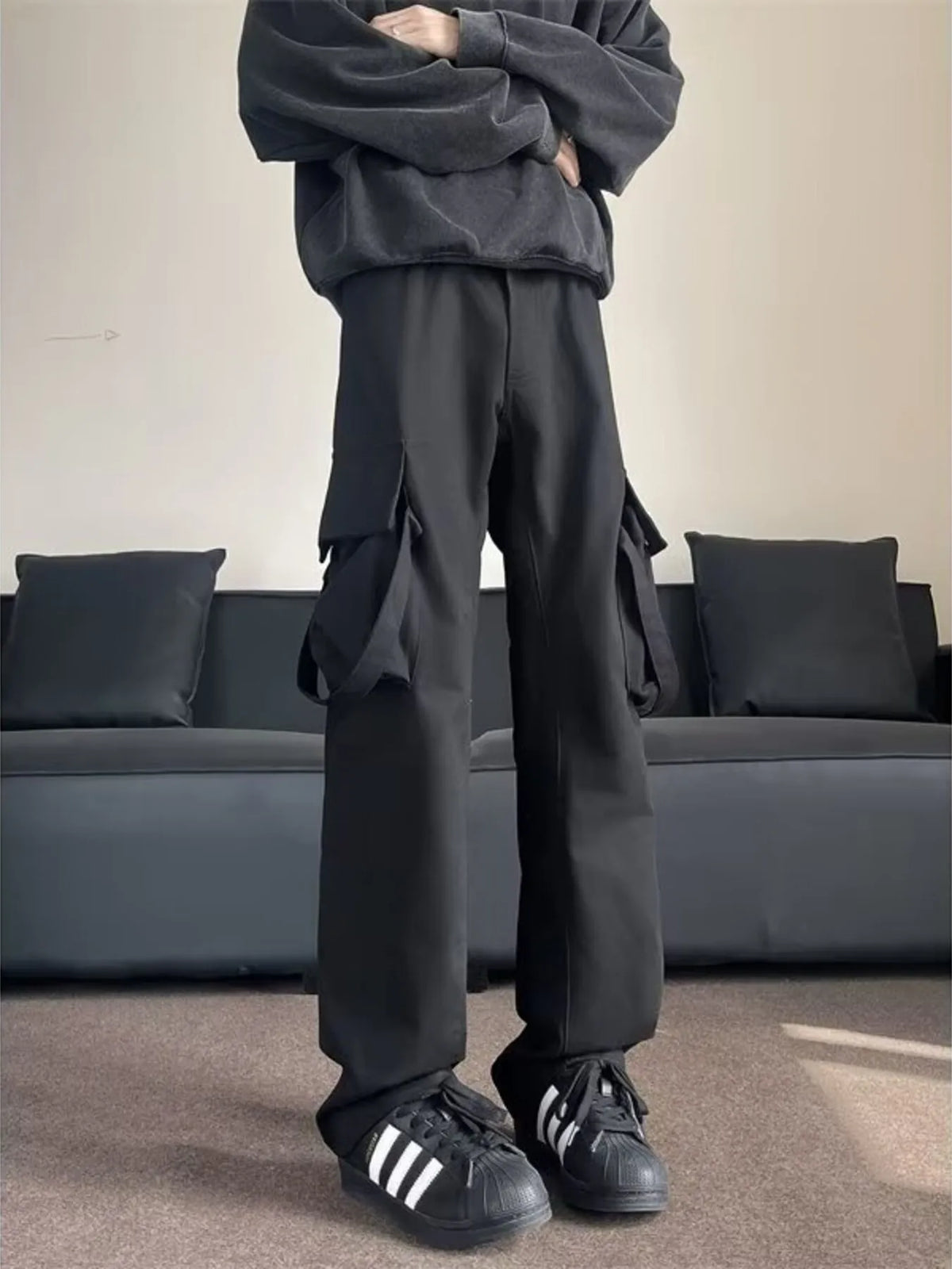 Men's Plus Size Loose Fit Cargo Pants in Black