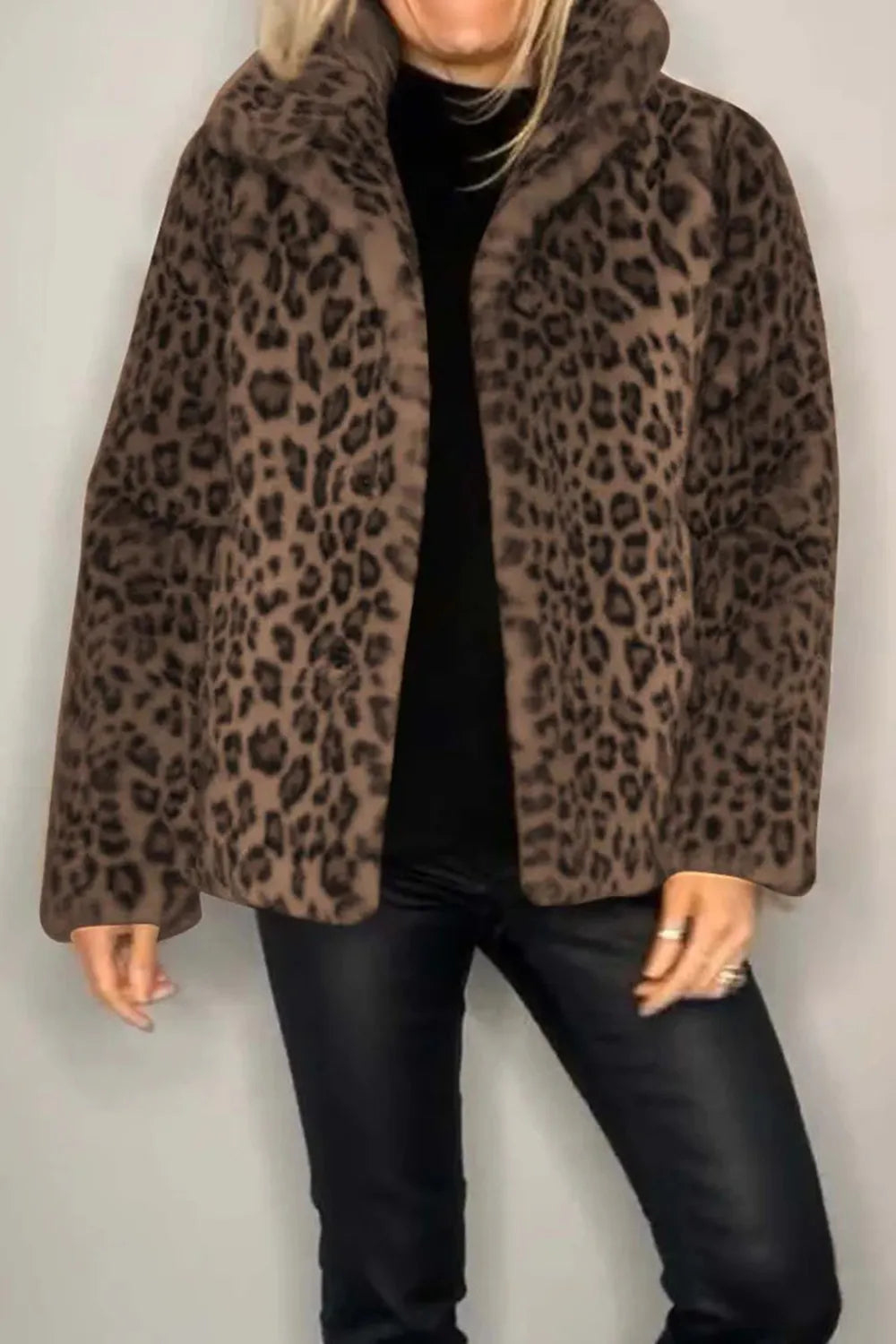 Full Size Leopard Furry Collared Neck Long Sleeve Coat in Brown