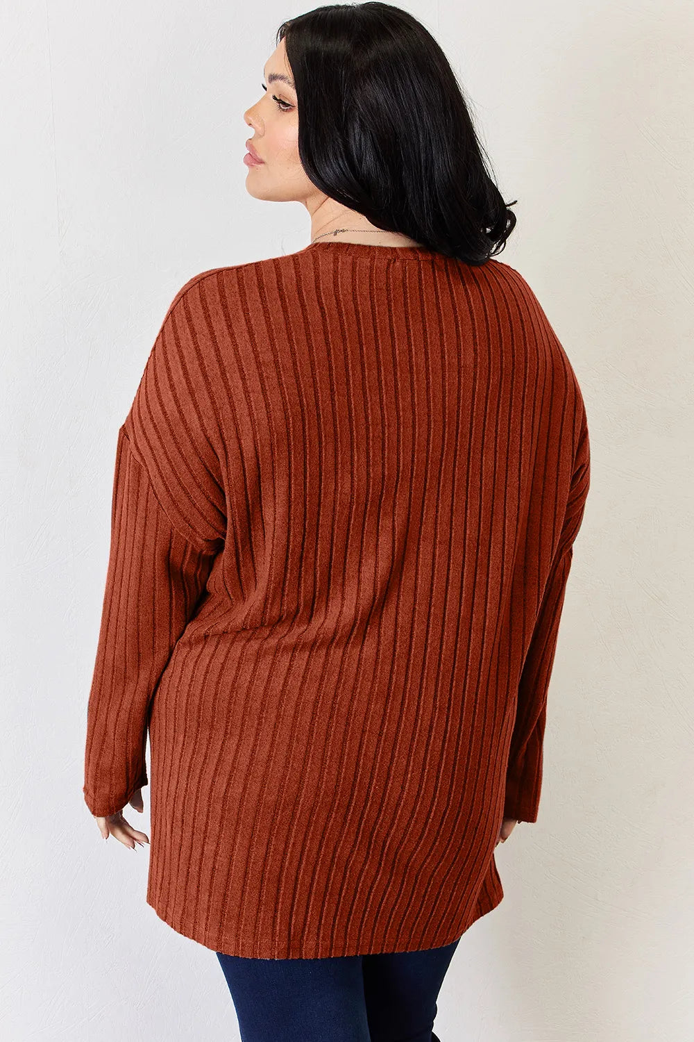Basic Bae Full Size Ribbed Half Button Long Sleeve High-Low T-Shirt - Lilixa.store
