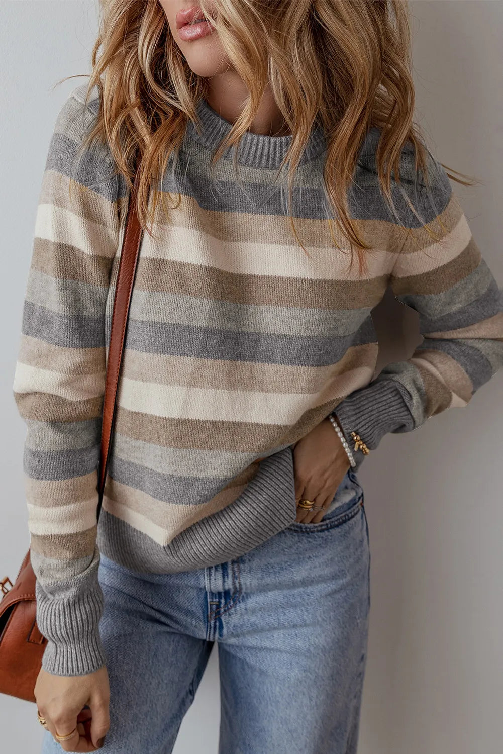 Striped Round Neck Long Sleeve Sweater in Dark Gray, view 4