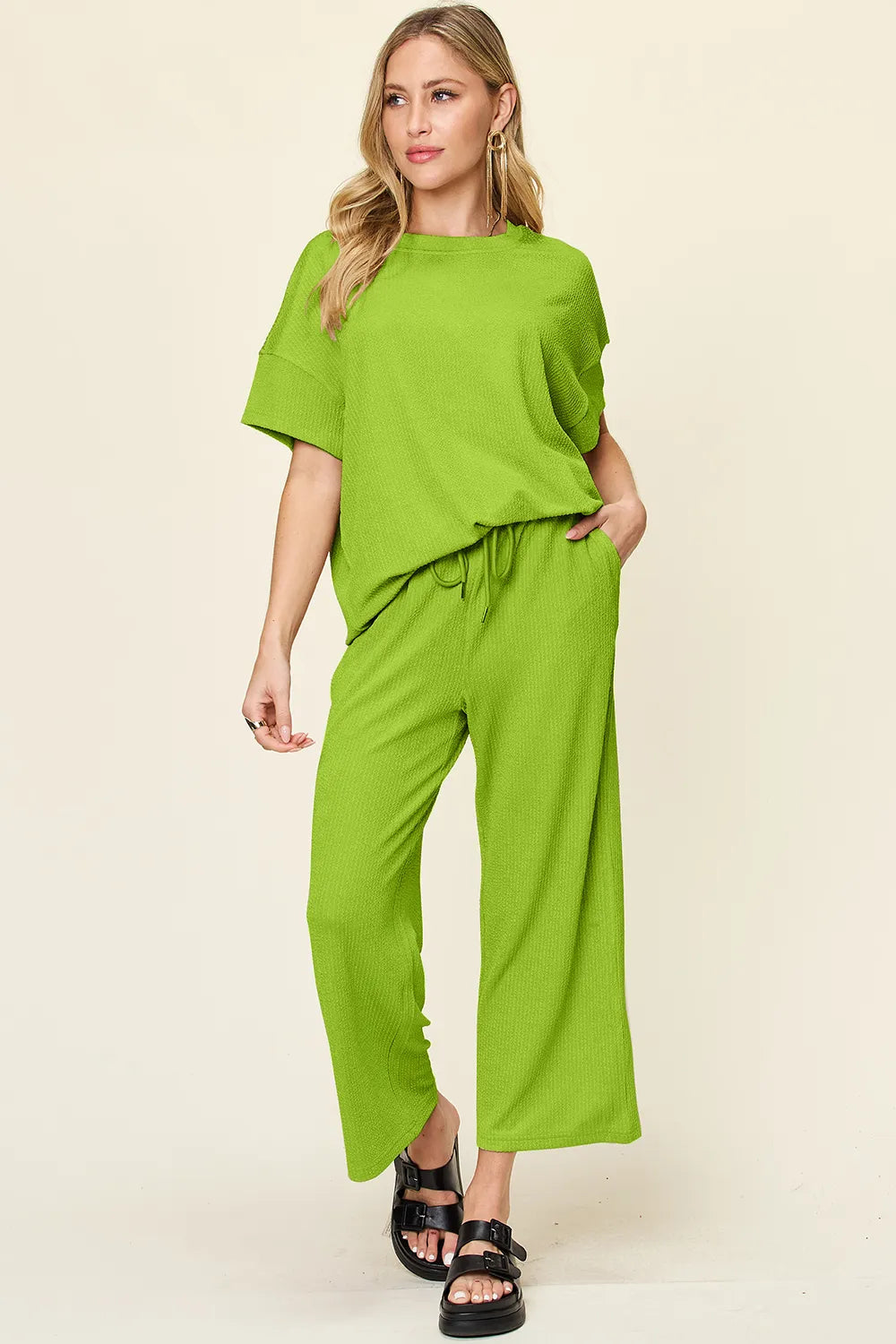 Double Take Full Size Texture Round Neck Short Sleeve T-Shirt and Wide Leg Pants in Lime