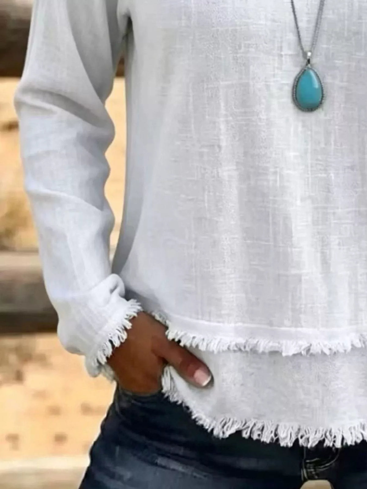 V-Neck Long Sleeve Blouse with Frayed Hem Detail - Lilixa.store