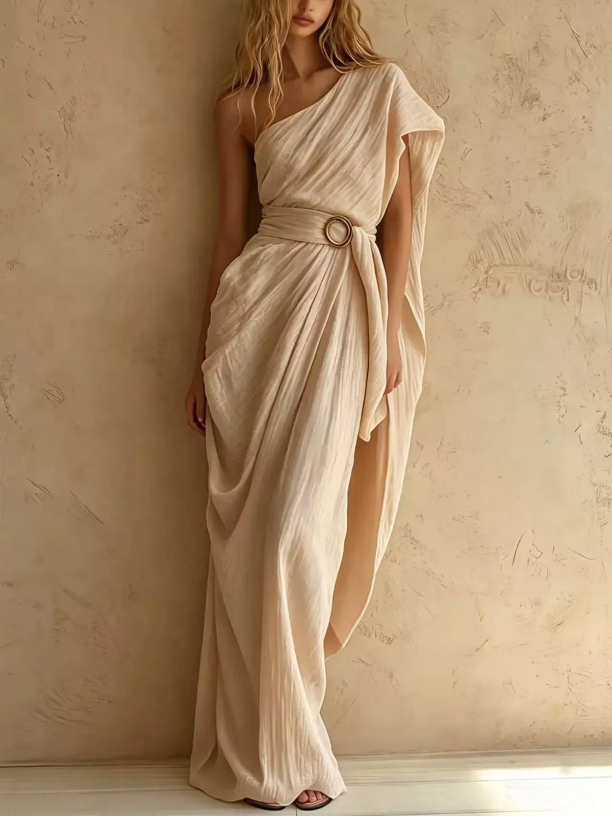 One-Shoulder Draped Maxi Dress with Waist Buckle - Lilixa.store
