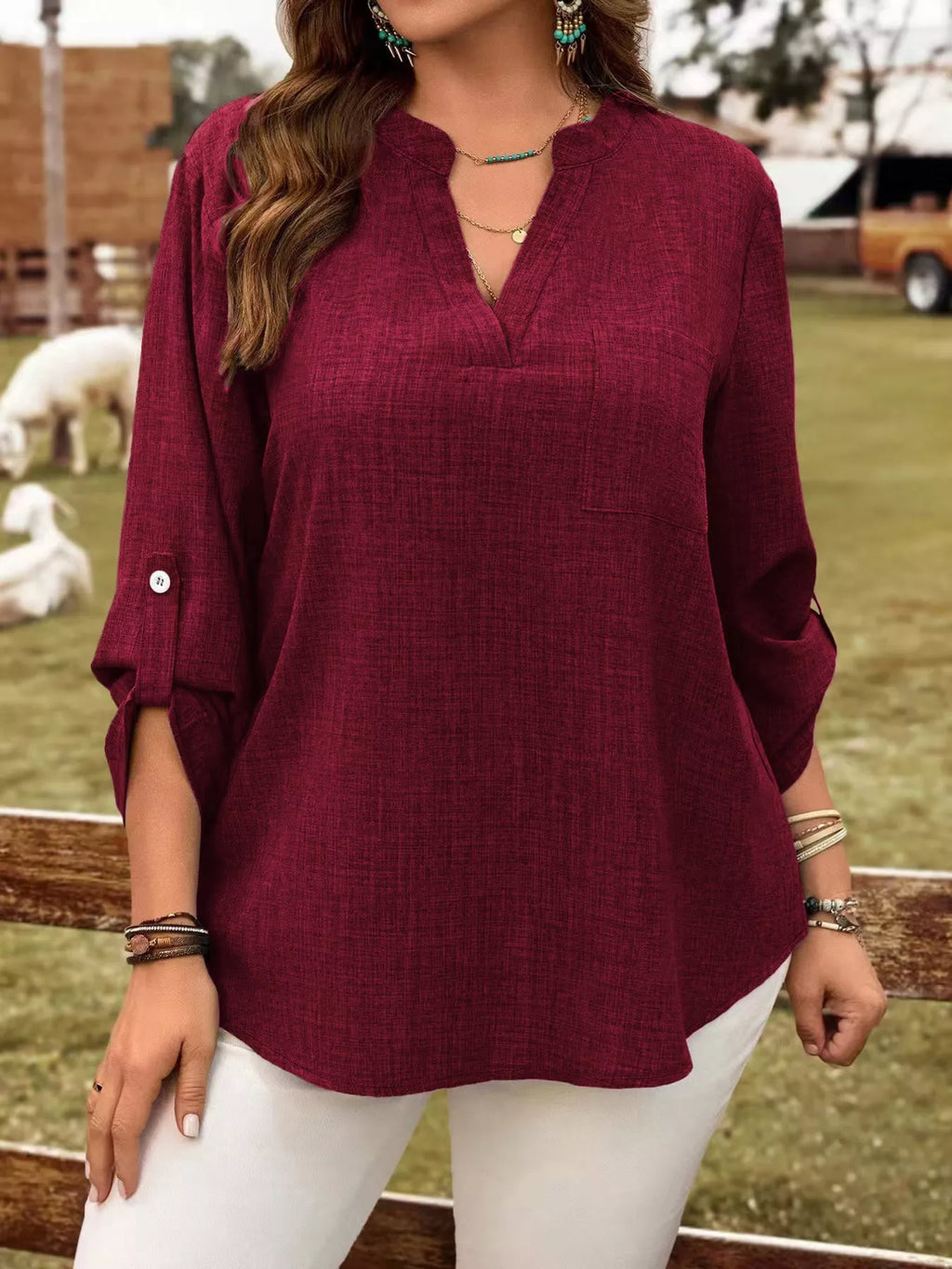 Plus Size Notched Roll-Tab Sleeve Casual Blouse - Lilixa.store