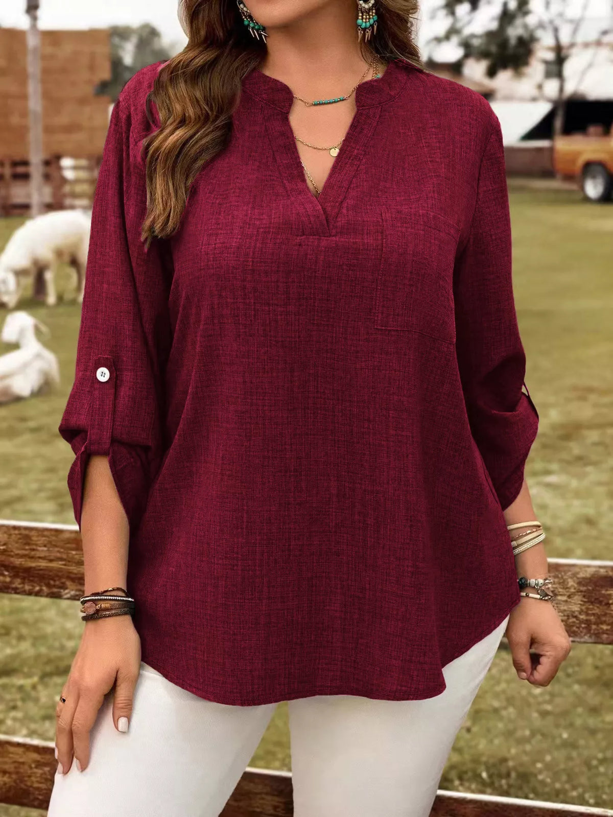 Plus Size Notched Roll-Tab Sleeve Casual Blouse - Lilixa.store
