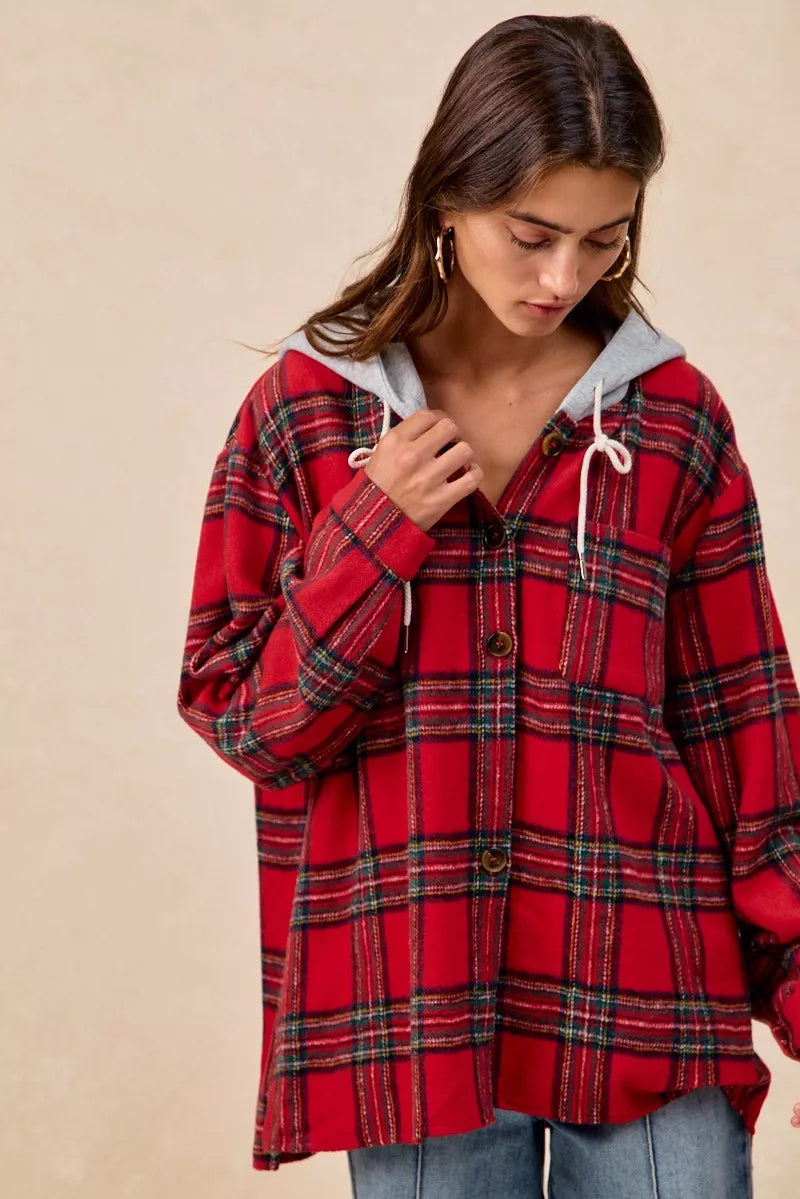 BiBi Brushed Plaid Hooded Jacket in Red Plaid, view 13