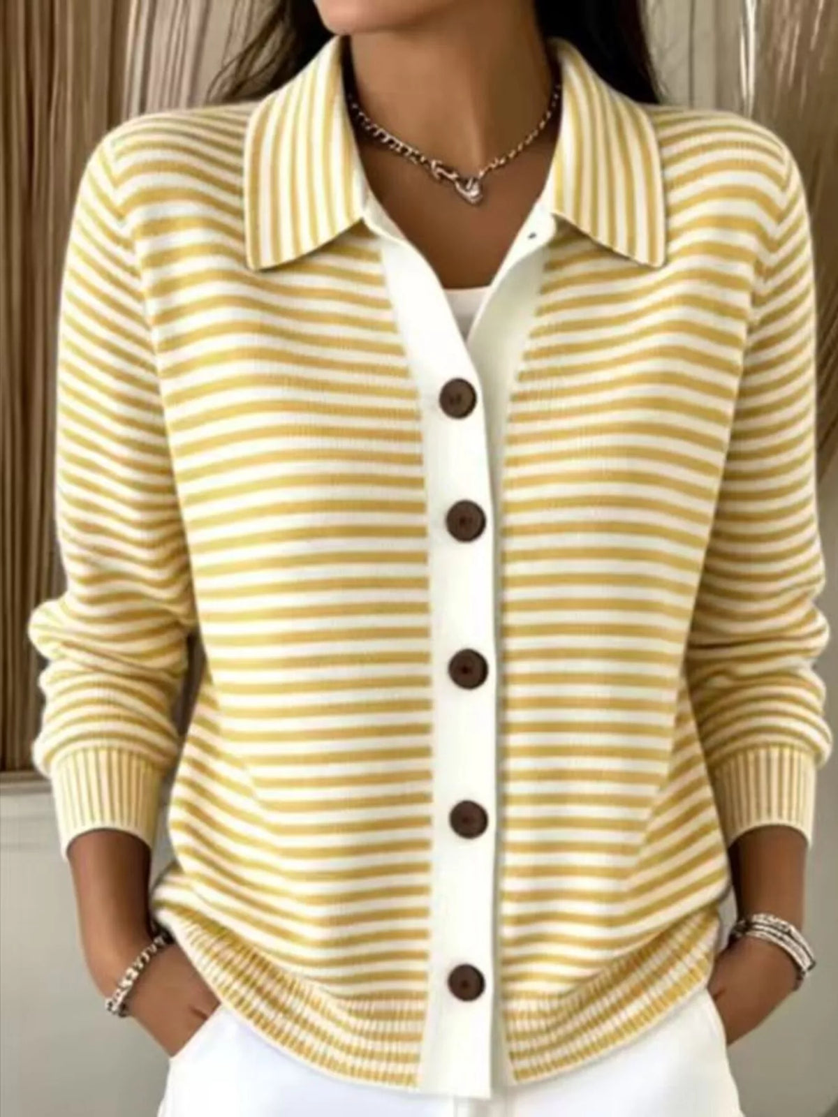 Striped Collared Button-Down Knit Cardigan - Lilixa.store