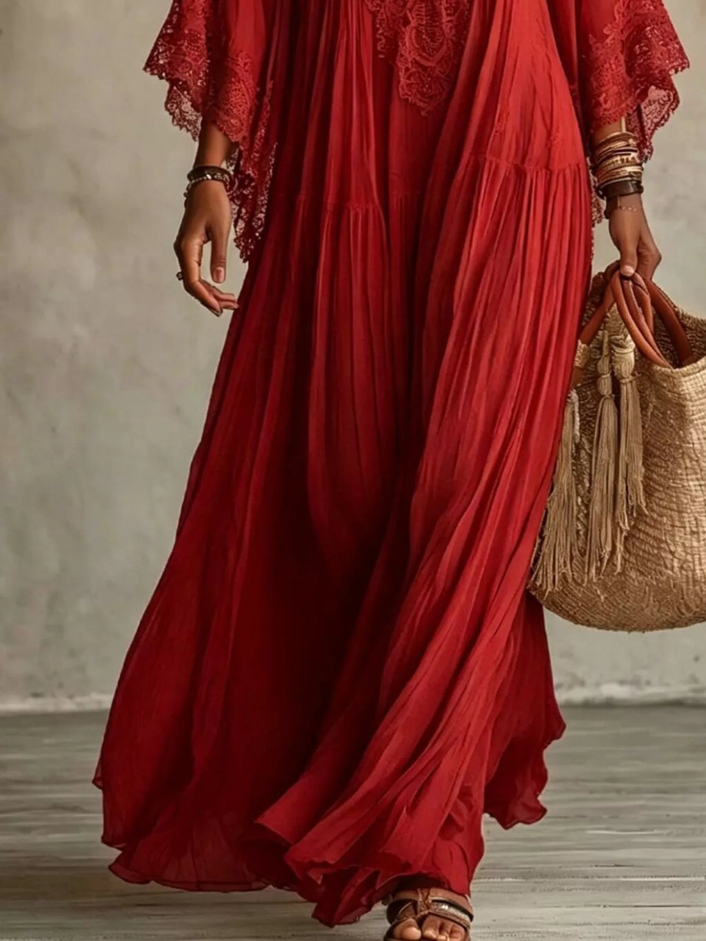 Lace Trim V-Neck Maxi Dress - Lilixa.store