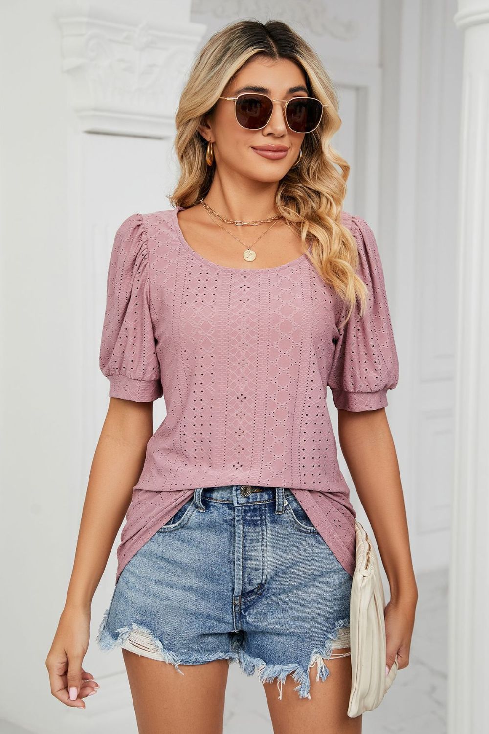 Eyelet Puff Sleeve Round Neck Top in Pink