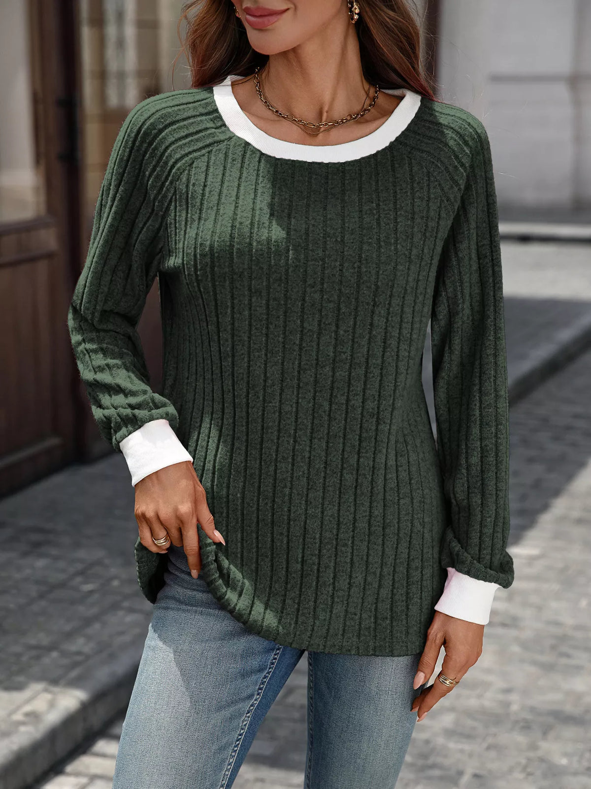 Ribbed Round Neck Raglan Sleeve Knit Top - Lilixa.store