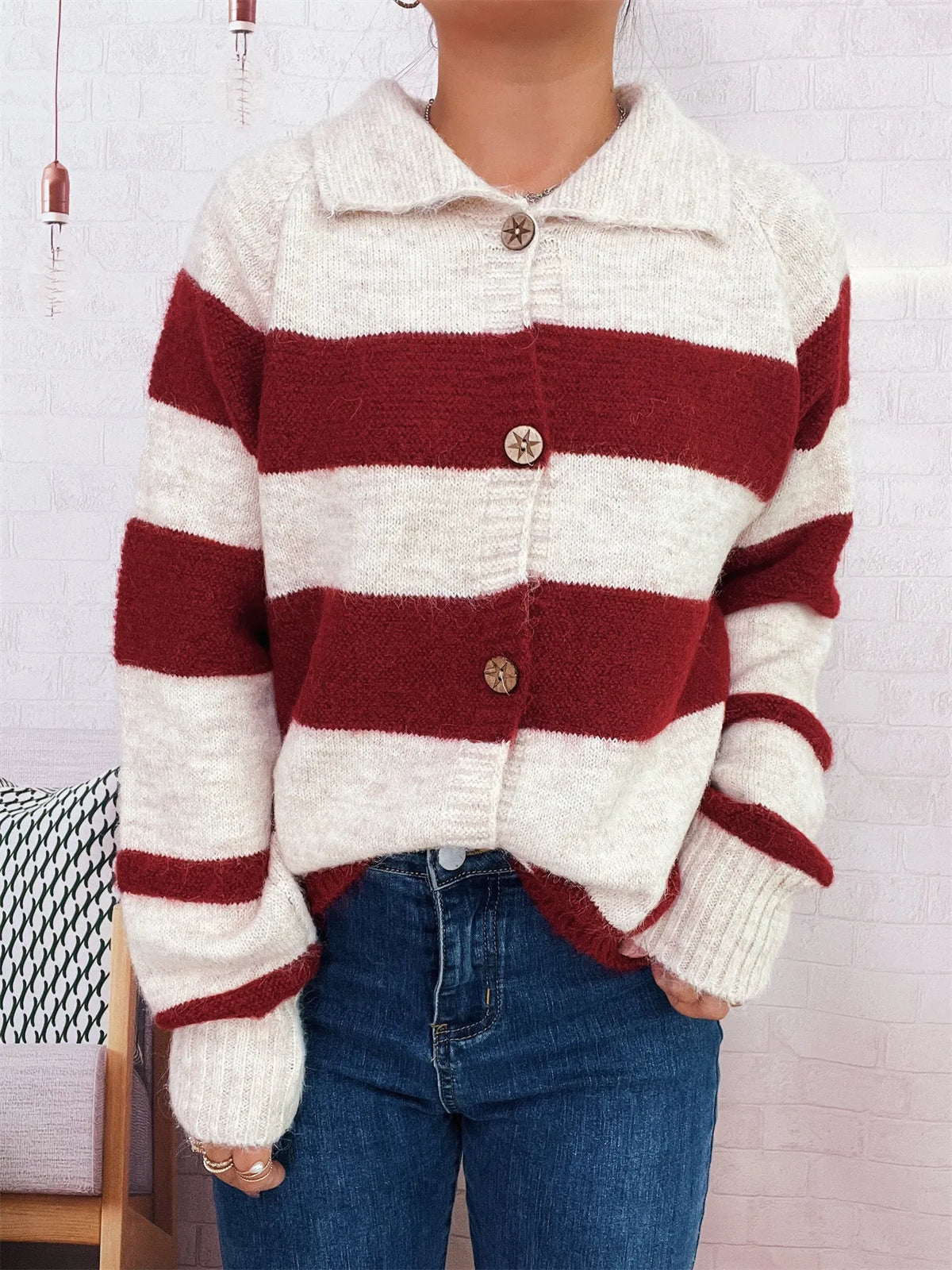 Striped Button-Up Cozy Cardigan - Lilixa.store