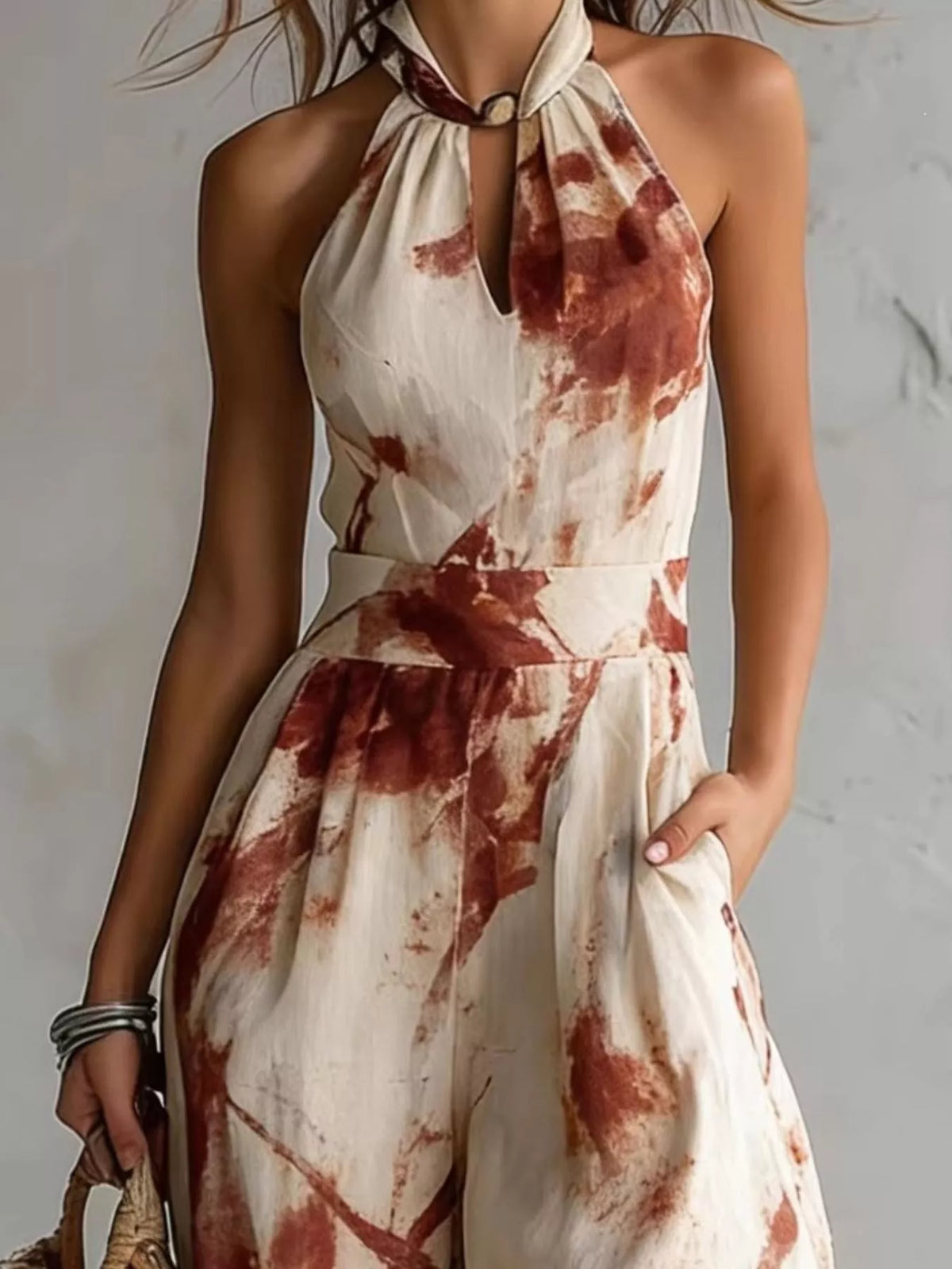 Ink Wash Print Halter Neck Wide-Leg Jumpsuit