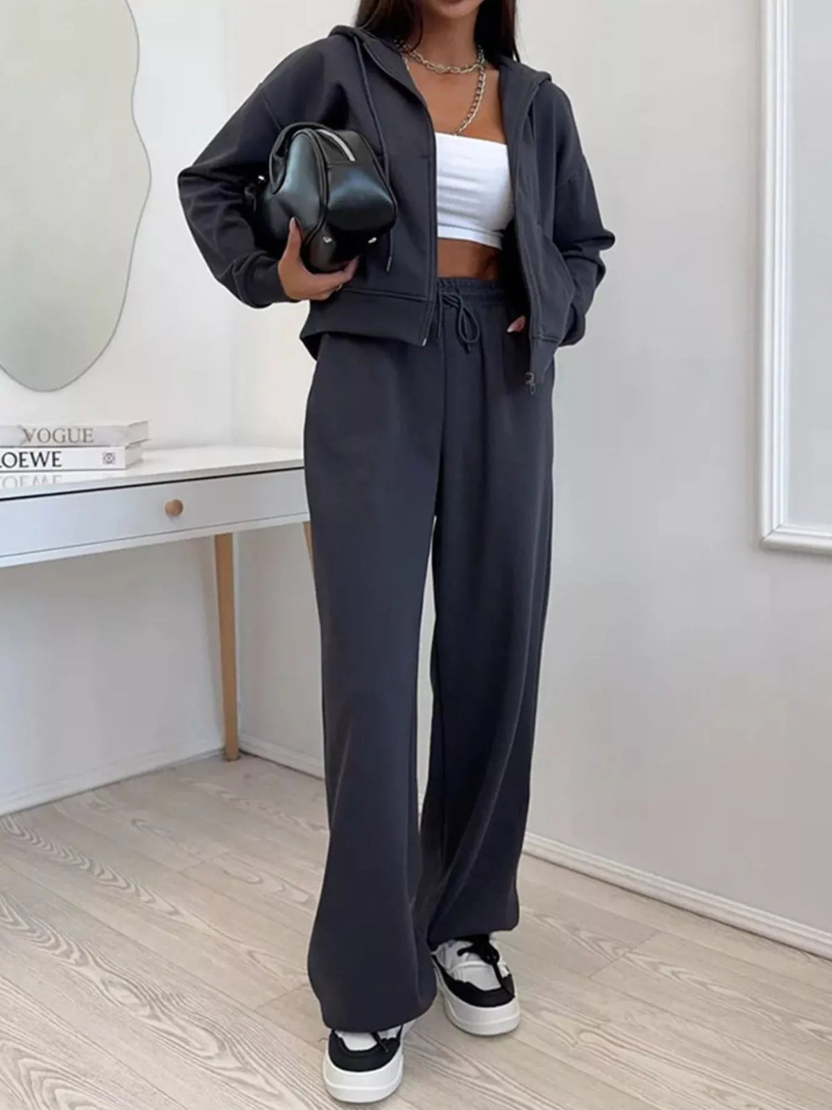 Zip-Up Hoodie and Wide-Leg Pants Set - Lilixa.store